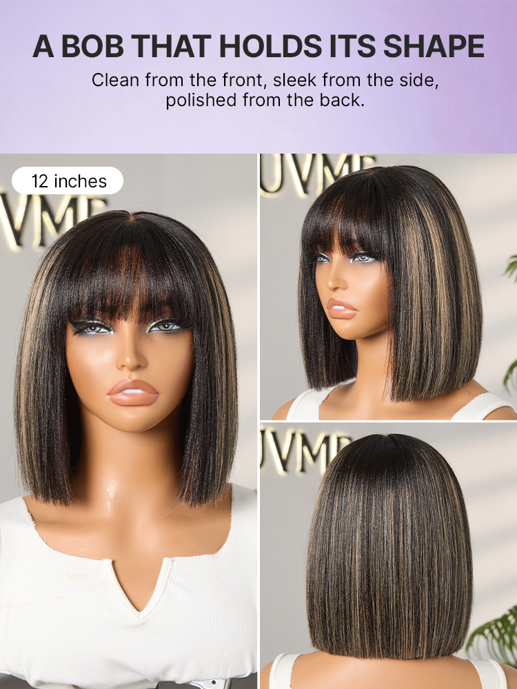 Put On and Go Realistic Glueless Yaki Straight Bob with Bangs Minimalist Lace Wig 100% Human Hair-85