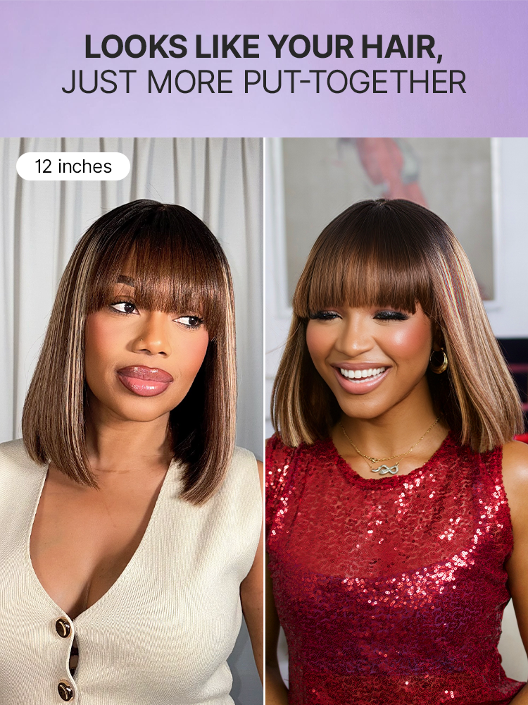Put On and Go Realistic Glueless Yaki Straight Bob with Bangs Minimalist Lace Wig 100% Human Hair-87