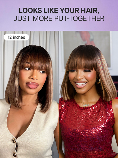 Put On and Go Realistic Glueless Yaki Straight Bob with Bangs Minimalist Lace Wig 100% Human Hair-87
