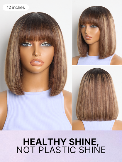 Put On and Go Realistic Glueless Yaki Straight Bob with Bangs Minimalist Lace Wig 100% Human Hair-86