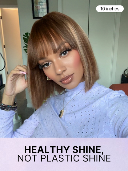 Put On and Go Realistic Glueless Yaki Straight Bob with Bangs Minimalist Lace Wig 100% Human Hair-84