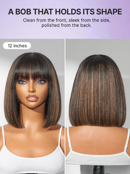 Put On and Go Realistic Glueless Yaki Straight Bob with Bangs Minimalist Lace Wig 100% Human Hair-82