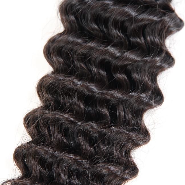 Deep wave 100% virgin human hair bundle by Luvme, showing soft, natural waves and full hair thickness in a close-up view.