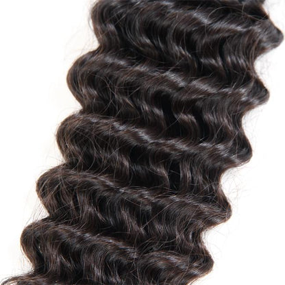 Deep wave 100% virgin human hair bundle by Luvme, showing soft, natural waves and full hair thickness in a close-up view.