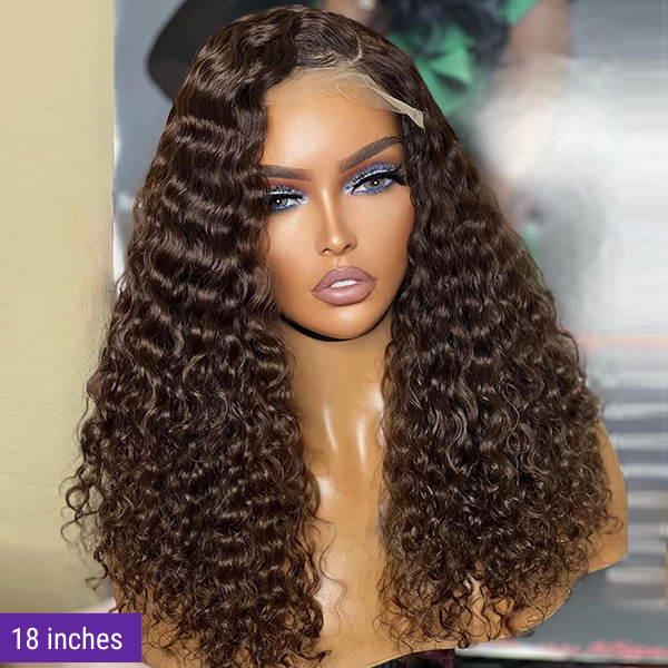 Luvme Hair brown water wave 5x5 closure lace wig with glueless design and long, natural-looking human hair, mid part style.