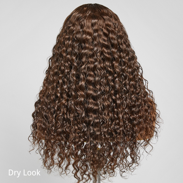 Luvme Hair brown water wave 5x5 closure lace glueless long wig made of 100% human hair, with a natural mid-part style.