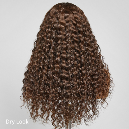 Luvme Hair brown water wave 5x5 closure lace glueless long wig made of 100% human hair, with a natural mid-part style.