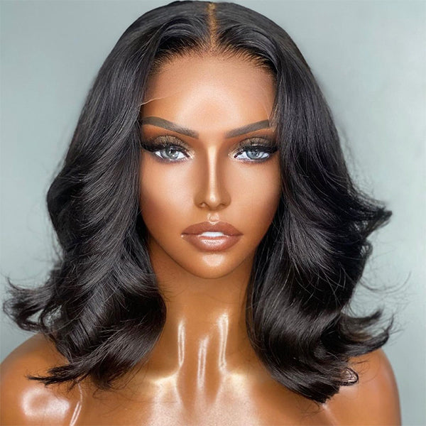 Luvme 5x5 closure wig with natural black loose wave human hair, glueless lace, and short style in large and small cap sizes.