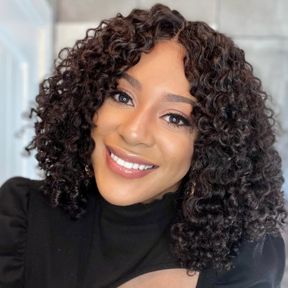 Luvme Kinky Curly Minimalist HD Lace Glueless Mid Part Short Wig made of 100% human hair, natural texture and style.