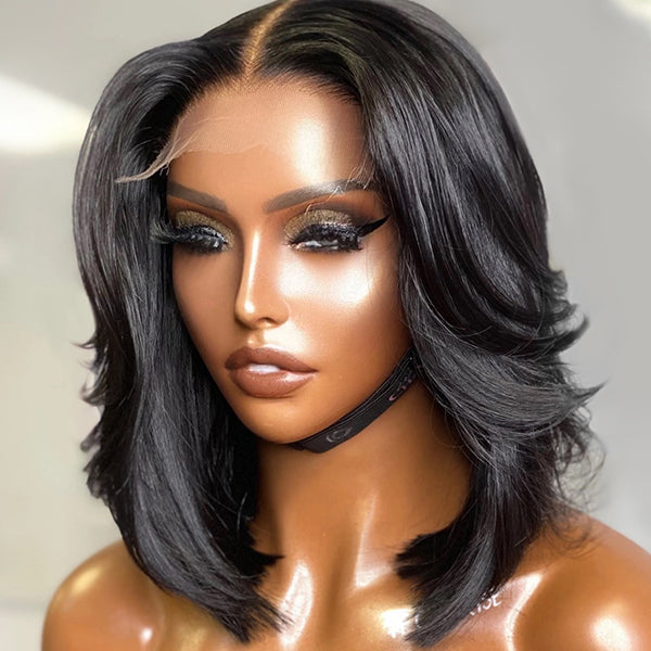 Natural black handcraft layered 5x5 closure HD lace glueless short wig by Luvme, showcasing the wig's texture and lace detail.