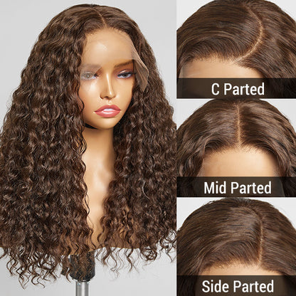 Luvme Hair brown water wave 5x5 closure lace glueless long wig with natural part, 100% human hair, styled in loose waves.