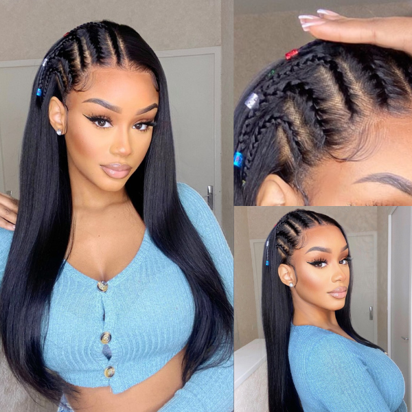Luvme PreMax 13x4 frontal wig with natural black left side braids, straight style, HD lace, 200% density, long length.