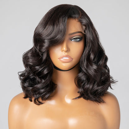 Luvme natural black wavy minimalist HD lace glueless C-part short wig made of 100% human hair displayed on a mannequin head.