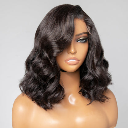 Luvme black wavy minimalist HD lace glueless short wig made of 100% human hair, natural C part style, US only