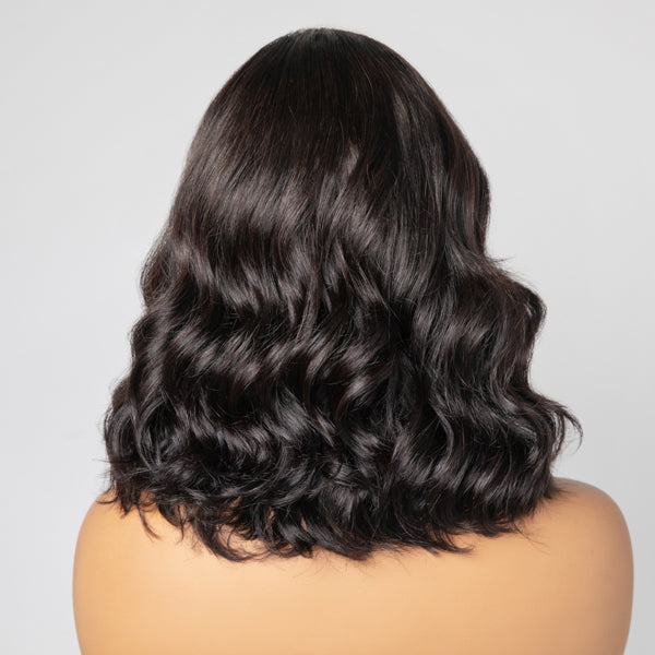 Luvme black wavy minimalist HD lace glueless C-part short wig made from 100% human hair, natural look and easy to wear