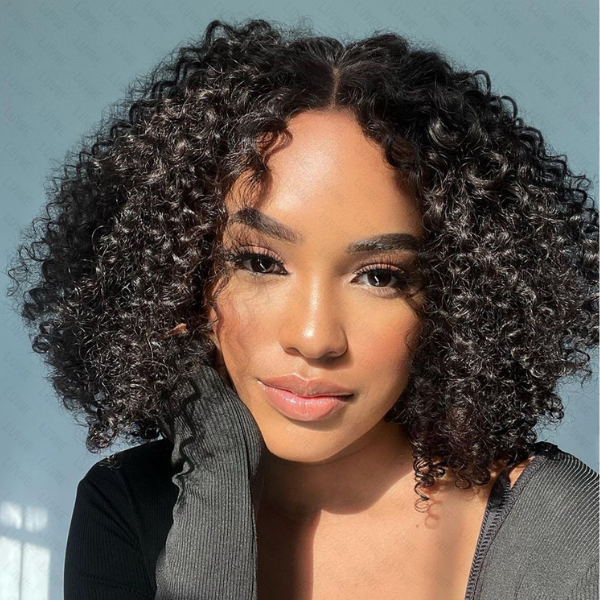Luvme Kinky Curly Minimalist HD Lace Glueless Mid Part Short Wig made of 100% human hair, featuring natural curls and a sleek finish.