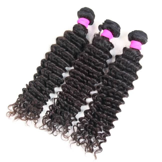 Three deep wave virgin human hair bundles by Luvme, showcasing curly, shiny hair with natural wave pattern and smooth texture.