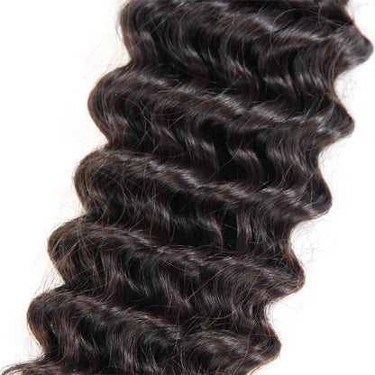 Three deep wave 100% virgin human hair bundles from Luvme, showcasing curly, textured hair bundles with natural shine.