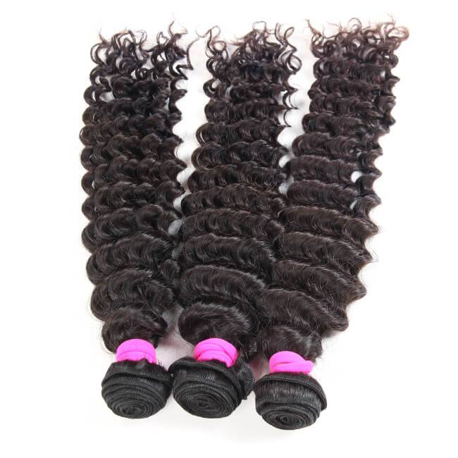 Three deep wave virgin human hair bundles by Luvme, featuring curly, natural-looking 100% human hair for versatile styling.