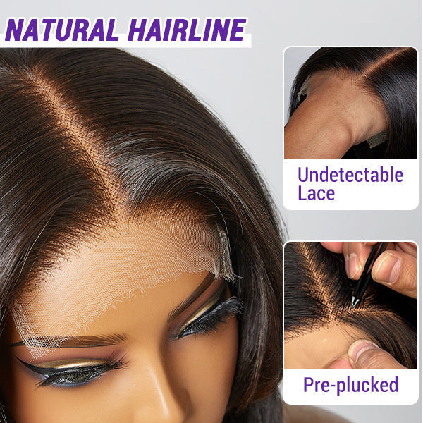 Natural black handcraft layered 5x5 closure HD lace glueless short wig from Luvme, showing close-up of the wig's lace and layered style.