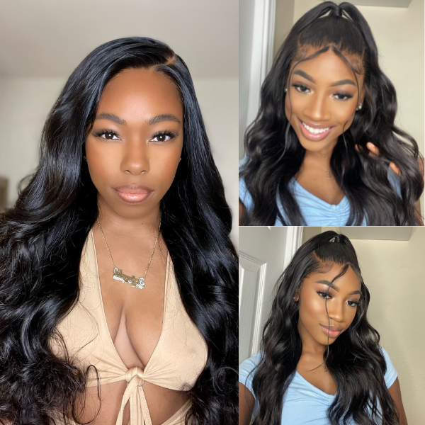Luvme breathable 5x5 closure wig with loose body wave, glueless lace front, long style, and mid-part, US only.