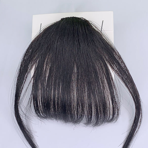 Luvme 100% real human hair clip-in bangs extension showing natural black hair with a straight style and secure clip attachment.