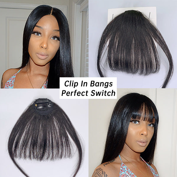 Luvme 100% real human hair clip-in bangs extension, natural black color, showing the sleek, straight hair strands with clip attachments.