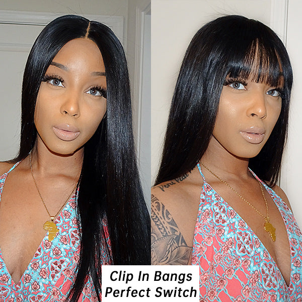 Luvme 100% human hair clip-in bangs extension showcasing natural black hair with a straight style and seamless clip-in attachment
