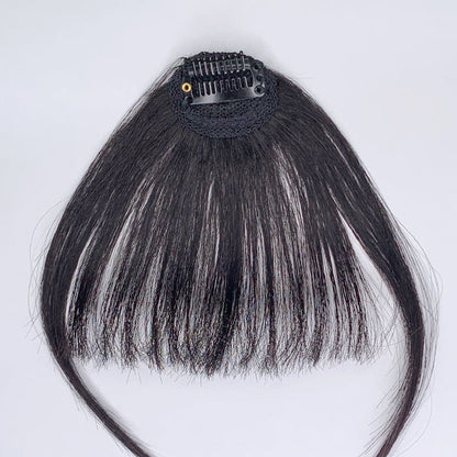 Luvme 100% human hair clip-in bangs extension showing natural hair texture and seamless clip-in attachment on a model.
